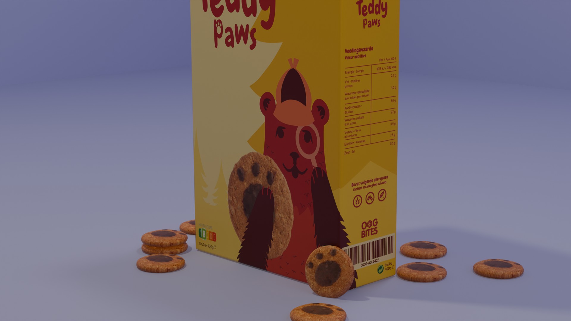 Teddy Paws cookie box front with Teddy the Detective as the focus